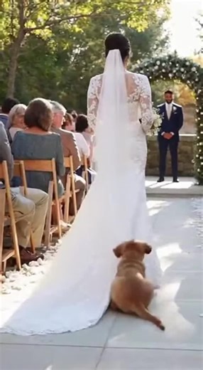 @clip_buzz_z on Instagram: "At a charming wedding ceremony, a modestly dressed bride gracefully walks towards her groom, completely unaware that her playful dog is being gently dragged along by the end of her gown. The scene captures the hilarity as guests watch, their laughter echoing in the background. This video is created using AI for entertainment purposes only. No child or animal was harmed. All visuals, characters, and scenes are AI-generated and not real."