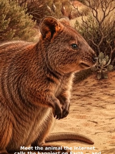 Meet the animal the internet calls the happiest on Earth — and that smile is not what you think. This is the quokka (Setonix brachyurus), a cat-sized marsupial from southwestern Australia, found mostly on Rottnest Island. That famous smile is not happiness at all — it is just the shape of its face, round cheeks and an upturned mouth. Quokkas are cousins of kangaroos: they hop on powerful hind legs, climb low shrubs for leaves, and carry their joeys in a pouch for about six months. They are mostl