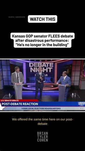 Kansas GOP senator FLEES debate after disastrous performance: “He's no longer in the building”