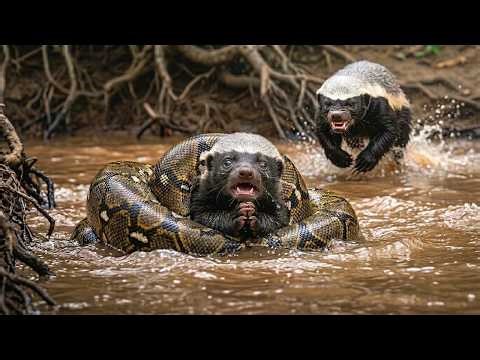 Mother Honey Badger Risks Her Life to Save Her Cub from a Reticulated Python | Maternal Power