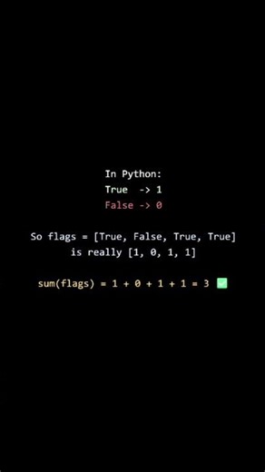 flags sum 😳 True=1, False=0 so sum counts Trues! #python #coding #codewithme#techshorts #ytshorts
