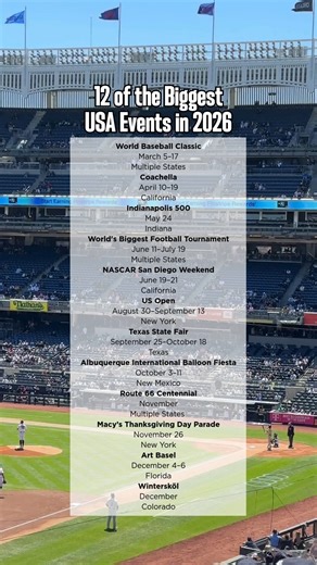 From world-class sports to unforgettable festivals, here are 12 experiences worth adding to your calendar: 1. The World Baseball Classic brings international teams to Houston, Miami, and San Juan with some of the sport's biggest stars competing. 2. Coachella returns to Indio, California with headliners Sabrina Carpenter, Justin Bieber, and Karol G for two weekends of music and desert vibes. 3. The Indianapolis 500 delivers high-speed thrills as the best drivers in open-wheel racing compete at th