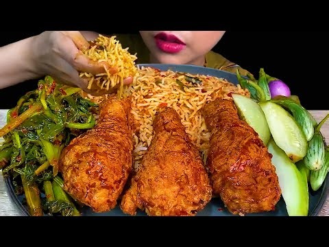 EATING GREEN VEGGIES||FRIED CHICKEN, SPICY CHILLI SAUCE, SPICY MUSTARD LEAF CURRY, FRESH VEGGIES