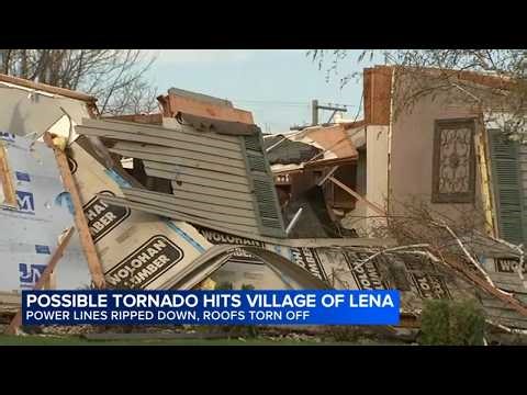 Likely tornado wallops small village west of Rockford, ripping down power lines and stripping roofs