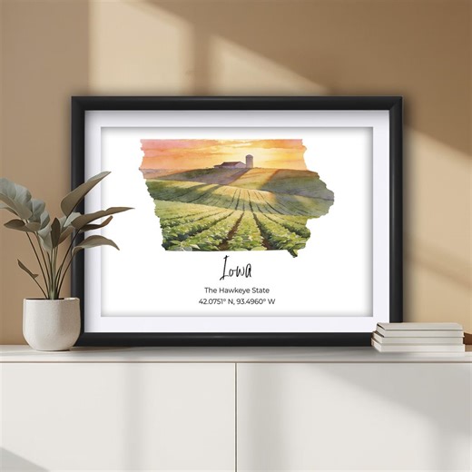 Iowa State Map Wall Art Print, Watercolor Farm Fields Decor - Etsy