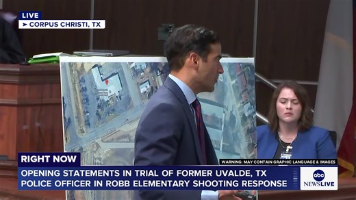 HAPPENING NOW: Opening statements are underway in the criminal trial of a former Uvalde, Texas, school police officer accused of endangering dozens of children during the police response to the 2022 shooting at Robb Elementary School. https://abcnews.go.com/US/opening-statements-begin-former-uvalde-school-officers-trial/story?id=128941754 | ABC News