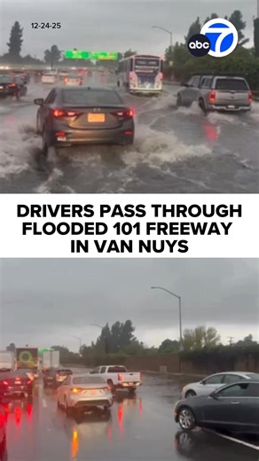 12-24-25 – Flooding on the westbound lanes of the 101 Freeway in Van Nuys caused some delays Wednesday morning as a flash flood warning remains in effect for parts of L.A. and Ventura counties. | ABC7