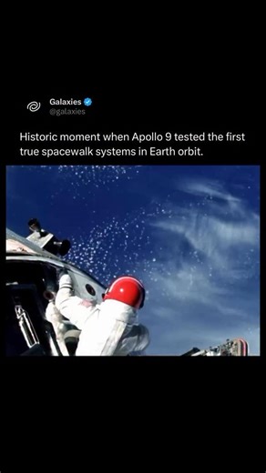 Galaxies on Instagram: "The Apollo 9 mission in March 1969 conducted the first crucial spacewalk tests, primarily featuring astronaut Russell Schweickart exiting the Lunar Module (LM) to test the new Extravehicular Mobility Unit (EMU) spacesuit and Portable Life Support System (PLSS) in Earth orbit, proving they could work outside the spacecraft for a Moon landing, while astronaut David Scott performed a “stand-up” spacewalk from the Command Module (CM) for contingency checks, all critical steps