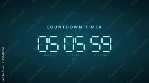 Digital countdown timer animation with hours minutes seconds display on dark teal background