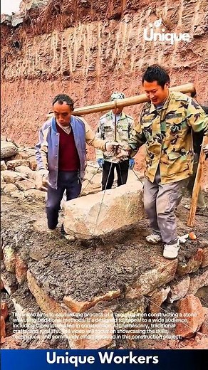 Ancient Stone Construction: Workers Carefully Place Heavy Stone Block by Hand