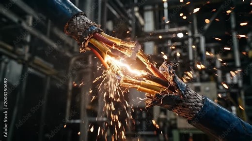 Electrical wires sparking with exposed copper strands in industrial setting showing dangerous electrical short circuit energy discharge fire hazard risk electrical maintenance safety