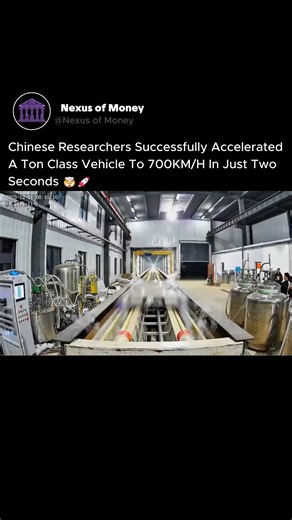 nexus of money on Instagram: "Most vehicles accelerate. This one teleports. 🤯🚀 You are watching a test of China's "T-Flight" hyperloop, a system that has just set a world record by accelerating a one-ton vehicle to over 700 km/h (435 mph) in just two seconds. This isn't a train; it is a demonstration of pure electromagnetic physics. The pod levitates using powerful magnets to eliminate friction, while a linear synchronous motor—essentially an "unrolled" electric motor stretching the length of