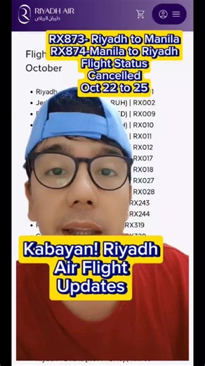 Kabayan! Riyadh Air Flight update Oct 22 to 24. RX873 Riyadh to Manila RX874 Manila to Riyadh. Note: This is for information and guide only. Source: Riyadh Air Website #kabayan #flights #OFWinSaudi