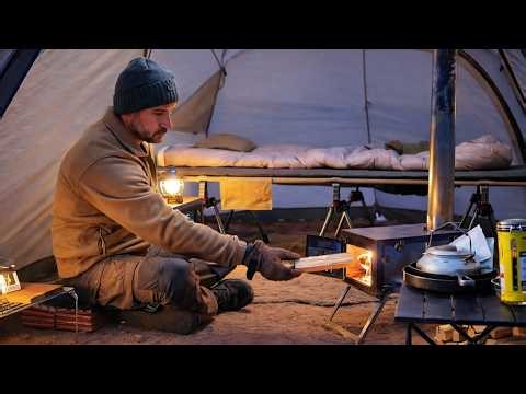 Hot Tent Solo Camping with My Dog . Winter Relaxing Wood Stove ASMR