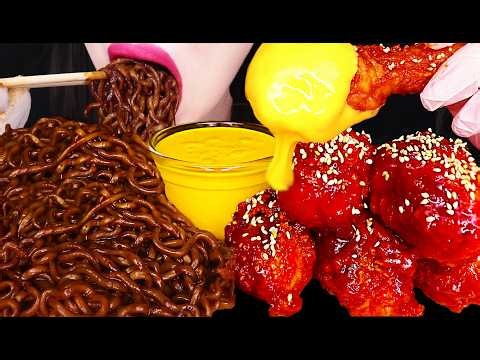 ASMR CHEESY FRIED CHICKEN, BLACK BEAN NOODLES 치즈 양념치킨 짜파게티 먹방 MUKBANG, EATING