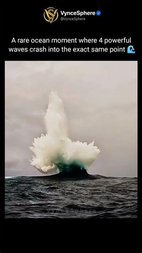 A rare ocean moment where multiple waves crash into the exact same point 🌊