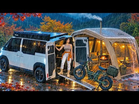 ☔️ Heavy Rain Camping in a PV5 Camper Van with an Inflatable Tent 🏕️ Rain Sounds . Electric Bike .