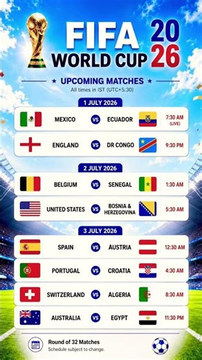 FIFA World Cup 2026 Upcoming Match Schedule | Round of 32 Fixtures (IST) #football #fifawcq