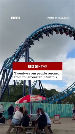Twenty-seven people rescued from rollercoaster in Suffolk. #PleasurewoodHills #BBCNews