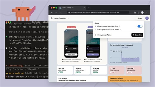 New in Claude Code: Artifacts.Interactive pages built from your session, like a PR walkthrough or a living project dashboard, shared with your team at a private link.Available in beta on Team and Enterprise plans.