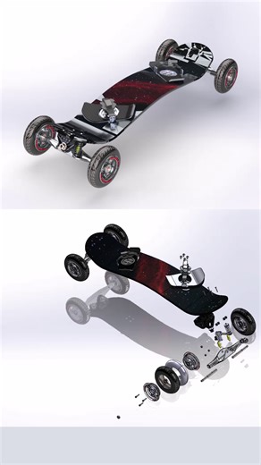SOLIDWORKS Champion, Manar Elnour, created this parametric 3D model of a mountain board designed in SOLIDWORKS, featuring an adjustable suspension system, reinforced deck, and precision wheel assembly. The project demonstrates advanced use of sheet metal, assemblies, and motion study for realistic performance analysis. Manar was inspired to create a project that combined engineering design with outdoor adventure. The design clearly shows how mechanical design and simulation in SOLIDWORKS could e
