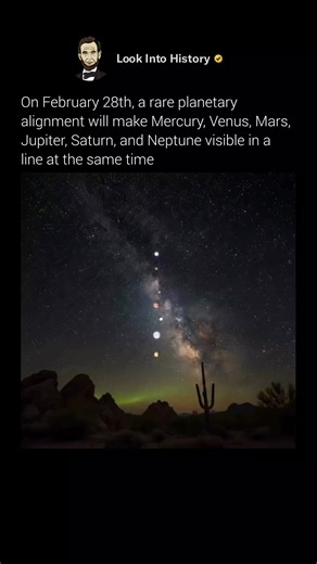 On February 28, 2026, a rare celestial spectacle called a Planetary Parade will unfold. Six planets, Mercury, Venus, Jupiter, Saturn, Uranus, and Neptune, will appear aligned in a graceful arc across the evening sky. 🌌✨ The lineup becomes visible shortly after sunset, low in the southwestern horizon. This happens because the planets orbit the Sun along a shared, flat path known as the ecliptic, making these alignments possible from Earth’s point of view. 🔭🌍 Moments like this are a reminder th