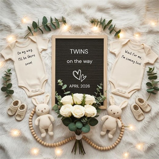 Twin Baby Announcement Template, Cozy Neutral Pregnancy Reveal Card, Boho Fairy Lights Photo Prop, Editable Canva File, Digital Download - Etsy