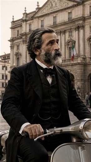 Giuseppe Verdi rides a vintage Vespa in Milano#classicalmusic #opera #verdi #vespa #ai #italy