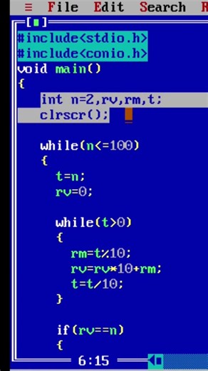 1 to 100 Palindrome Numbers in C Using While Loop 🔥 | C Programming #shorts