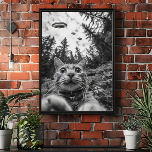 Funny UFO Cat Poster, Alien Cat Wall Art, Black White Space Print, Sci Fi Cat Decor, Weird Aesthetic Animal Poster - Etsy