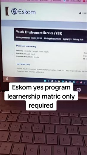 Eskom yes program learnership matric only required Youth program Learnerships 2026 #eskom #yesprogram #matric #learnerships #learning