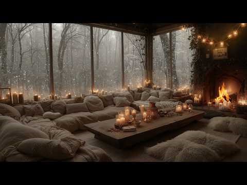 Quiet Snowy Cabin in the Forest ❄️ Soft Piano, Fireplace Crackling & Falling Snow for Sleep