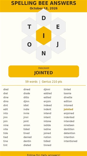 Spelling Bee Answers — October 18, 2026 | All 59 Words + 1 Pangram