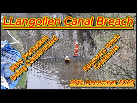 Llangollen Canal Breach 29th December 2025 - work continues - new portadam being built #djidrone