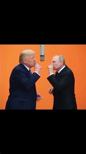 Trump and Putin step up to a vintage studio mic against a bright orange backdrop and sing a song.