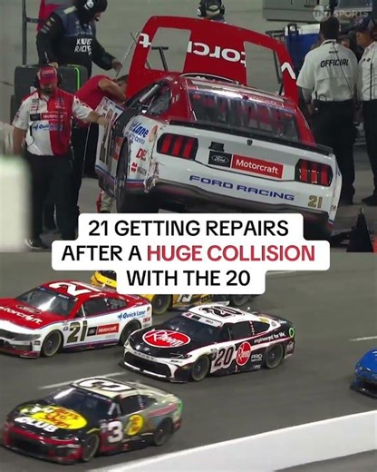 Josh Berry in the 21 stopped for repairs after a wreck with Christopher Bell in the 20 😳
