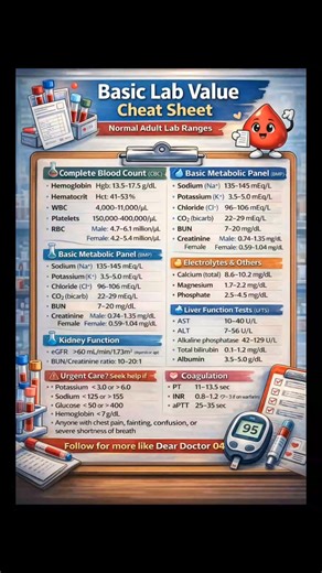 Basic Lab Values Cheat Sheet | Normal Adult Ranges 🧪 This high-quality Basic Lab Values Cheat Sheet helps you quickly understand normal adult lab ranges including CBC, BMP, electrolytes, kidney function, liver function tests, and coagulation profile. Perfect for nursing students, medical students, healthcare workers, and anyone learning clinical basics. Save & share for quick revision and daily practice! 👉 Follow for more like Dear Doctor 04 😊 #LabValues #BasicLabValues #NursingStudents #Medi