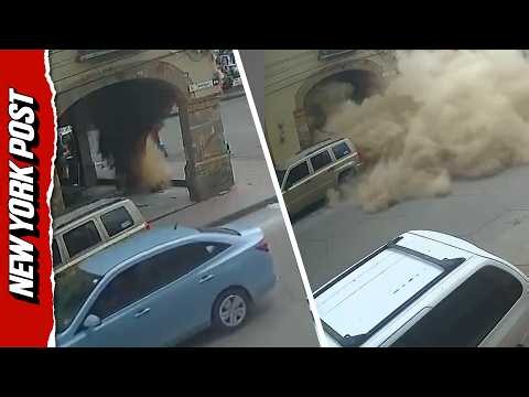 Dramatic Moment Historic Building CRUMBLES Onto Street in Mexico