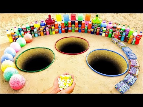 Experiment: Orbeez & Giant Coca-Cola, Mtn Dew, Fanta vs Mentos in 3 Underground Holes!
