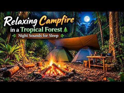Relaxing Campfire in a Tropical Forest 🌲 Night Sounds for Sleep Ep.34