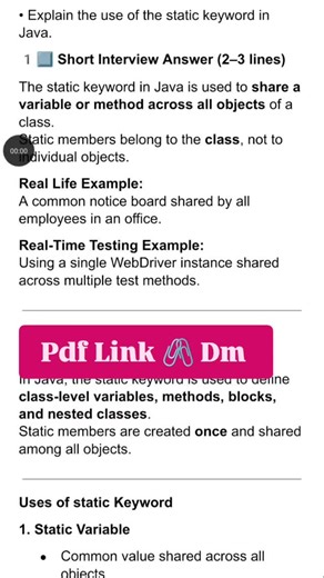 Selenium | Java | Manual Testing| Api(Postman) | Rest Assured on Instagram: "Static Keywords | Java Interview Questions #java #automationtesting #softwaretesting #qaengineer #selenium"