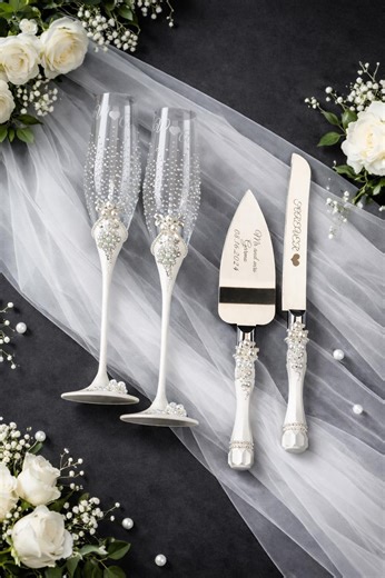 Wedding Toast and Cake Serving Set, Bride and Groom Wedding Accessories, Silver Rhinestone Decor, Ceremony Set - Etsy
