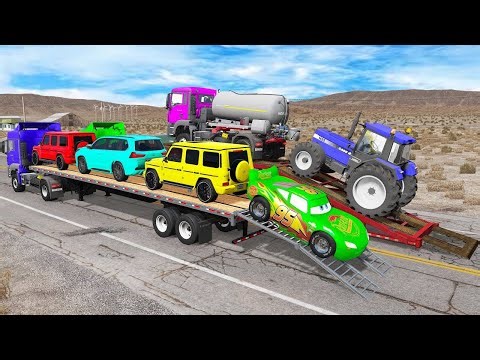 TRANSPORTING PIXAR CARS & FRUITS WITH COLORED & JOHN DEERE vs CLAAS vs TRACTORS - BeamNG.drive #962
