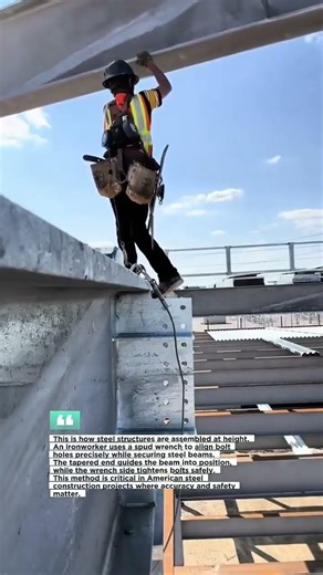 Steel Beam Installation at Height Using Spud Wrench #Ironworker #SteelErection #USAjobs