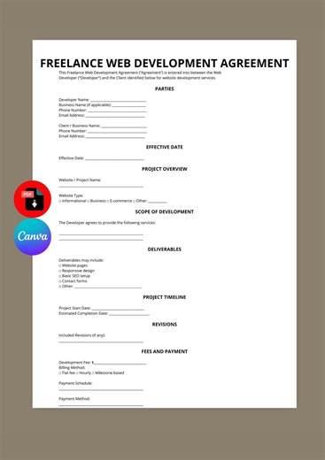 Freelance Web Development Contract Template | Web Developer Agreement | Website Development Contract | Editable Canva PDF | Instant Download - Etsy