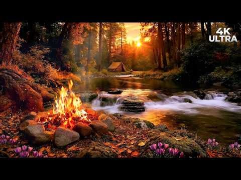 Peaceful Autumn Campfire by the Lake | Burning Crackling Fire & Evening Nature Sounds