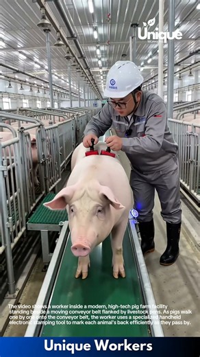 Automated Pig Farming: Worker Uses Smart Conveyor Belt and Stamping Device to Process Livestock