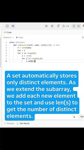 LeetCode 2913. Subarrays Distinct Element Sum of Squares I (Python) #coding #leetcode #codingbat