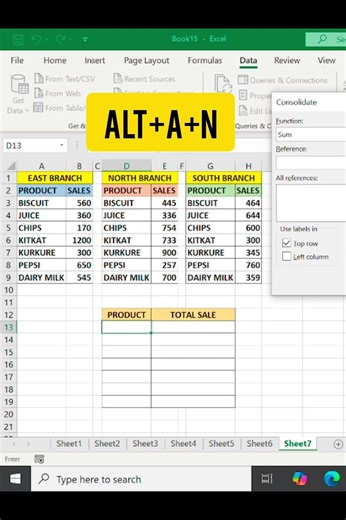 Consolidate Function in Excel | Merge Multiple Sheets Data #excel #shorts #learnexcel
