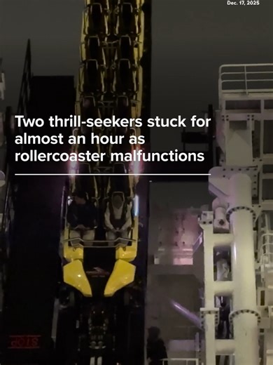 Two thrill-seekers were left hanging at a 90-degree angle for almost an hour after Circuit Breaker, the tilt rollercoaster at Circuit of The Americas, malfunctioned and stopped at the peak of its 130-foot drop on Wednesday. #news #rollercoasters #texas #themeparks